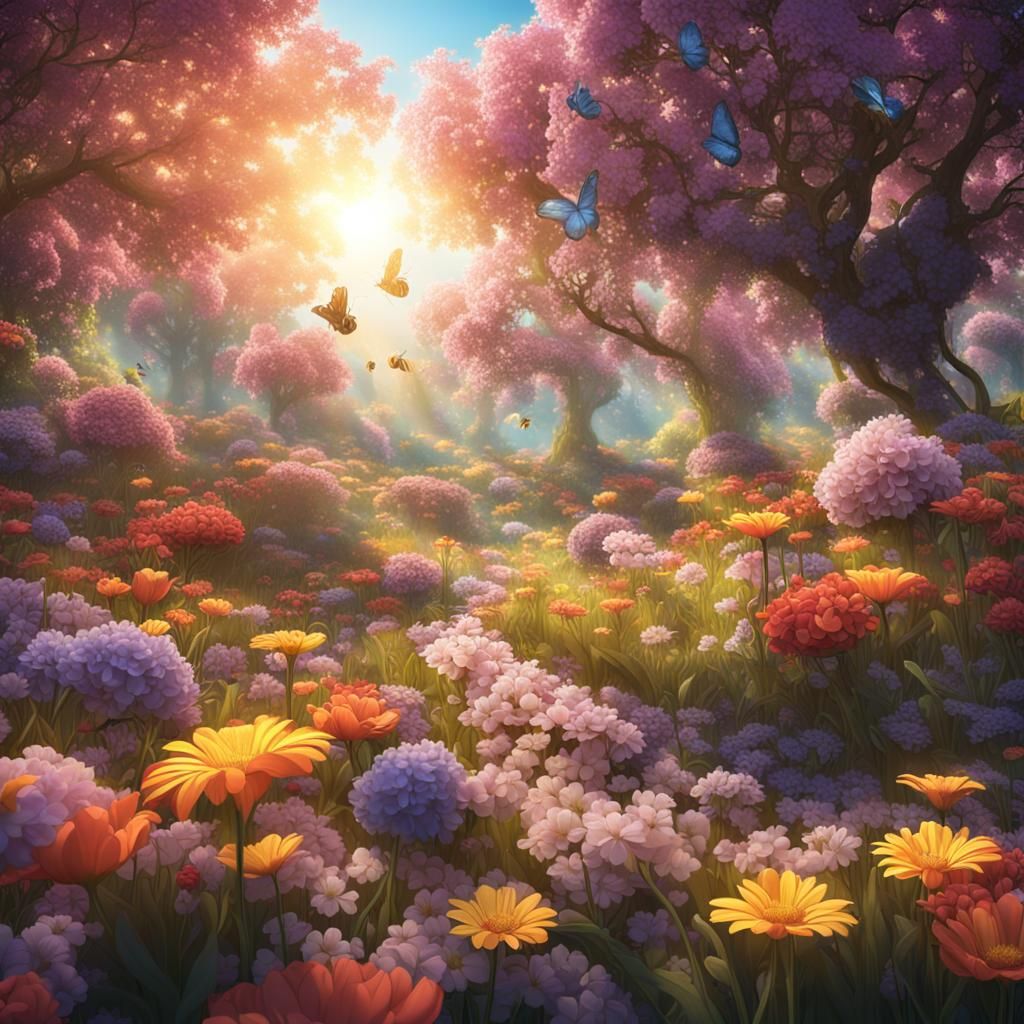 Blooming Spring Garden with Butterflies: Matte Painting