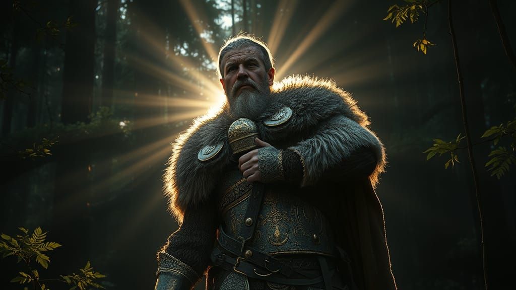 Viking King Emerging from Mystical Forest in Dramatic Digita...