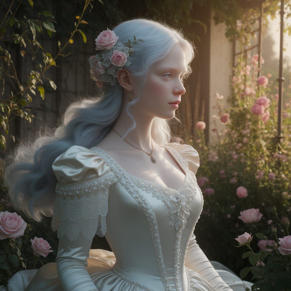 Albino Victorian Woman in Garden, Pre-Raphaelite Style