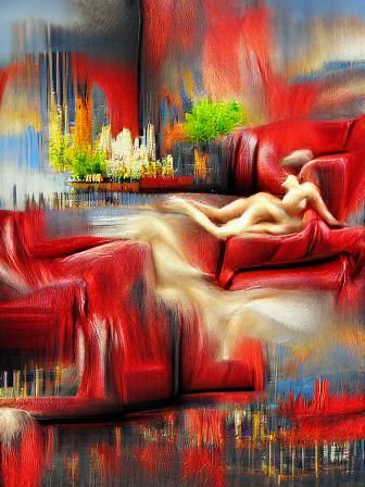 Nude Woman on Red Couch in Abstract Style