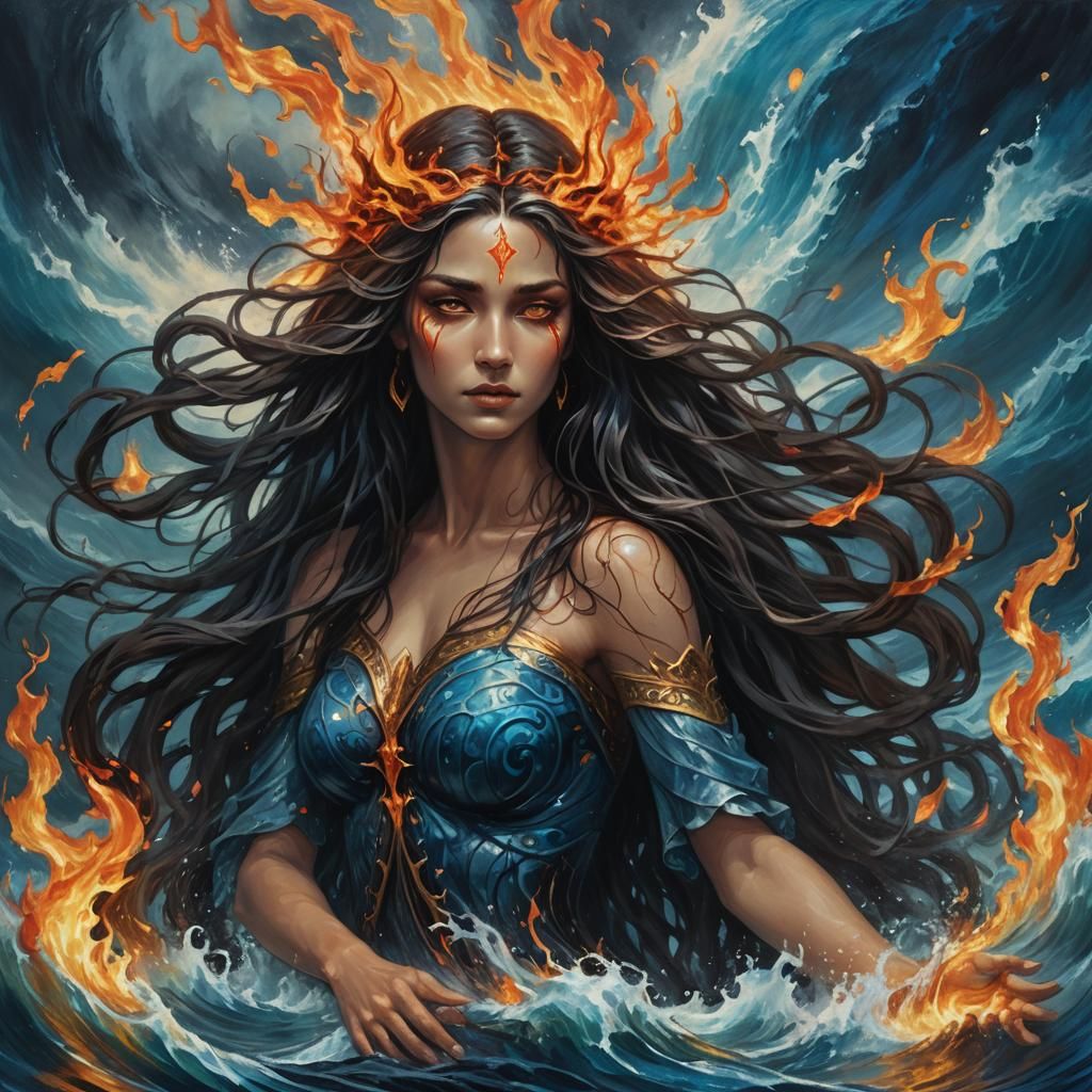 Fire Goddess Embraces Water God in Surreal Oil Painting