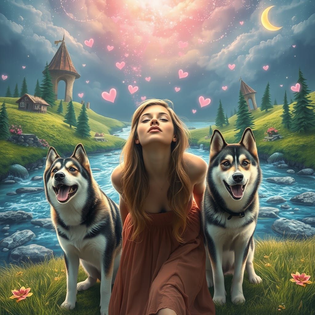 Woman Surrounded by Ethereal Land of Magic and Huskies