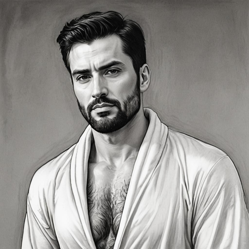 Charcoal Portrait of Handsome Man in Velvet Robe