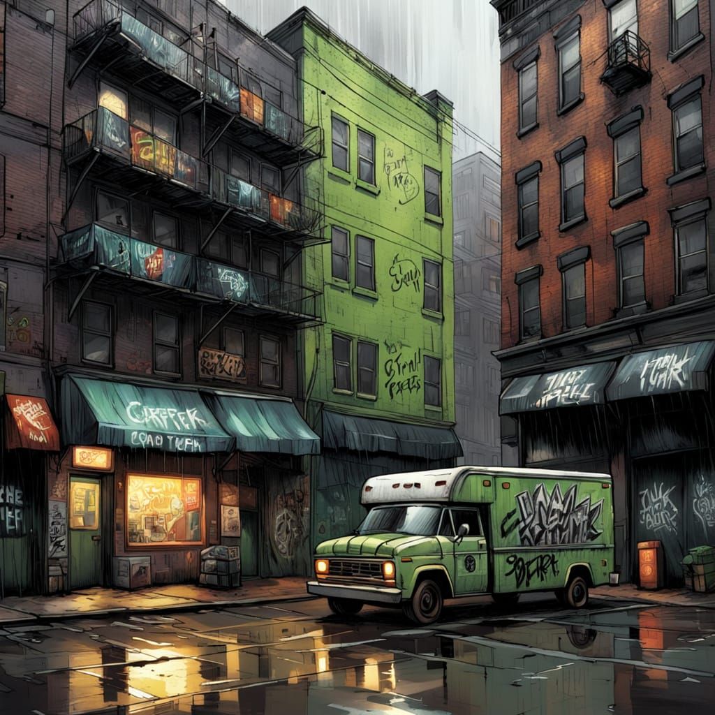 Gritty Urban Street Scene in Graffiti Sketch Style