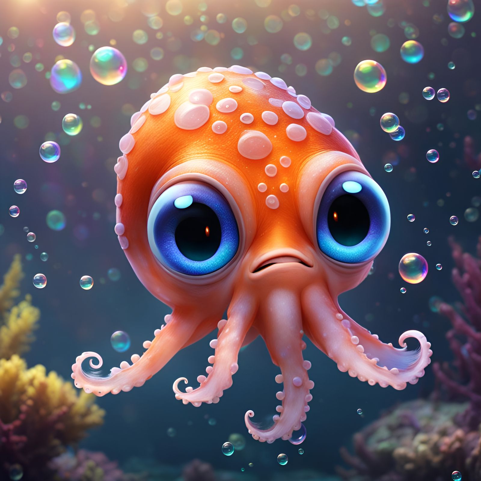 Adorable Baby Squid Portrait, Pixar Animation Style