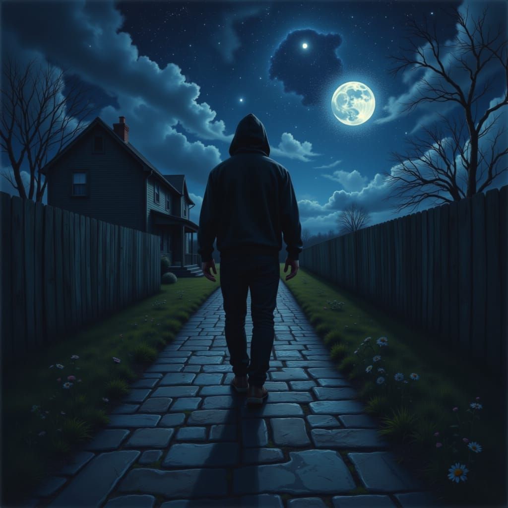 Man in Hoodie Walks Home Under Starry Night Sky