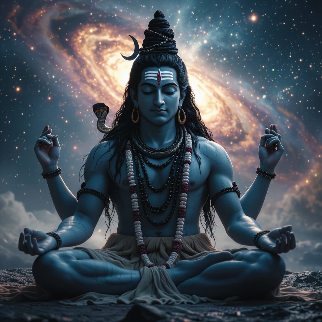 Hyperrealistic Lord Shiva Meditating, Balancing the Universe