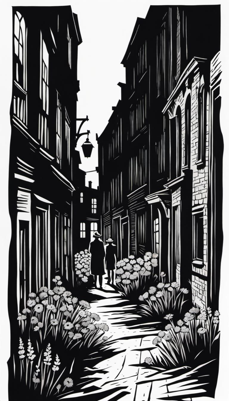 Derelict City Night Scene in Woodcut Style