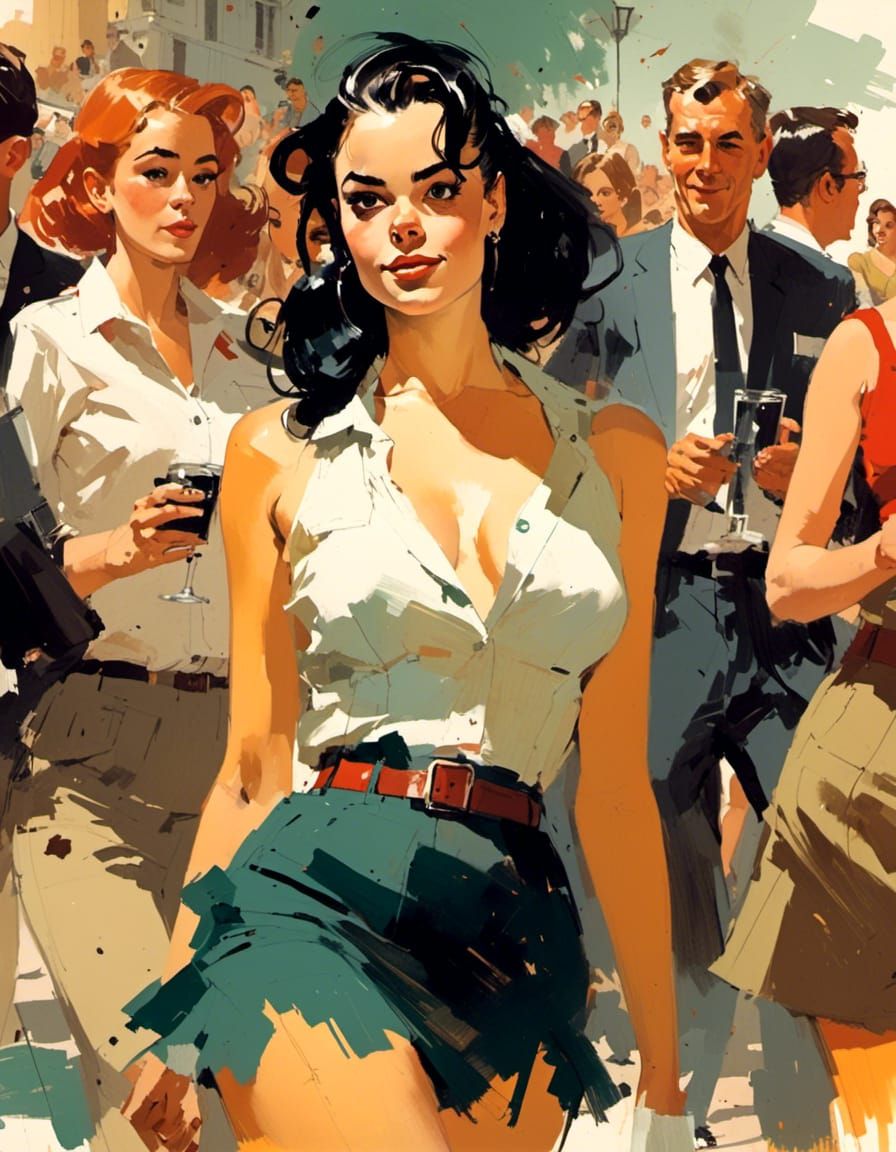 Classic Pin-Up Girl Surrounded by Reporters