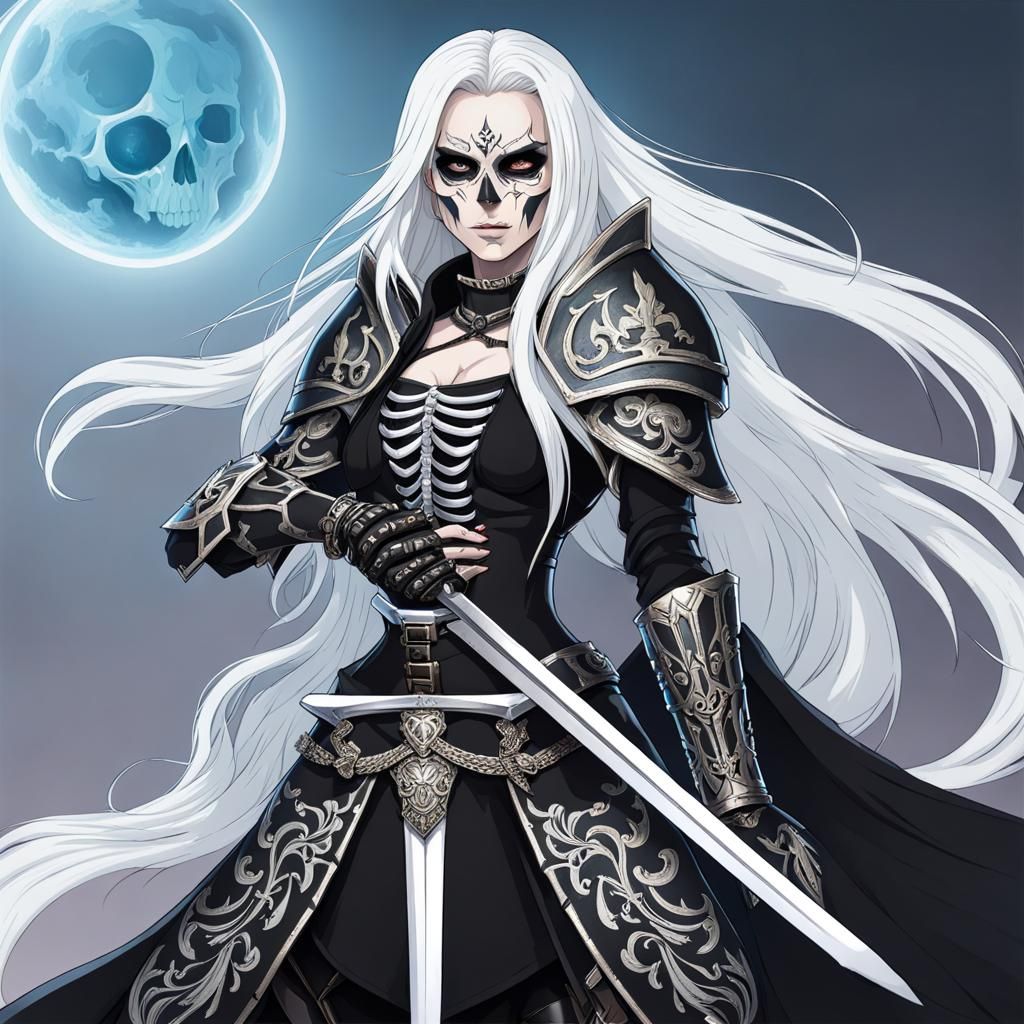 Armored Woman with Skeleton Face Tattoo