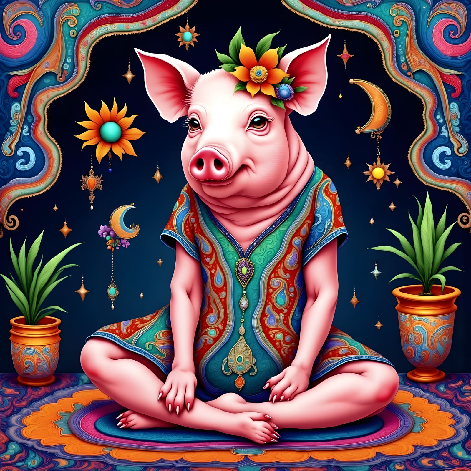 Surrealistic Pig Girl Practices Yoga in Whimsical Landscape