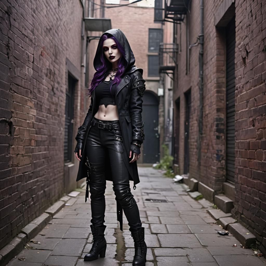 Gothic Rogue in Dim Alleyway: Hyper-Realism
