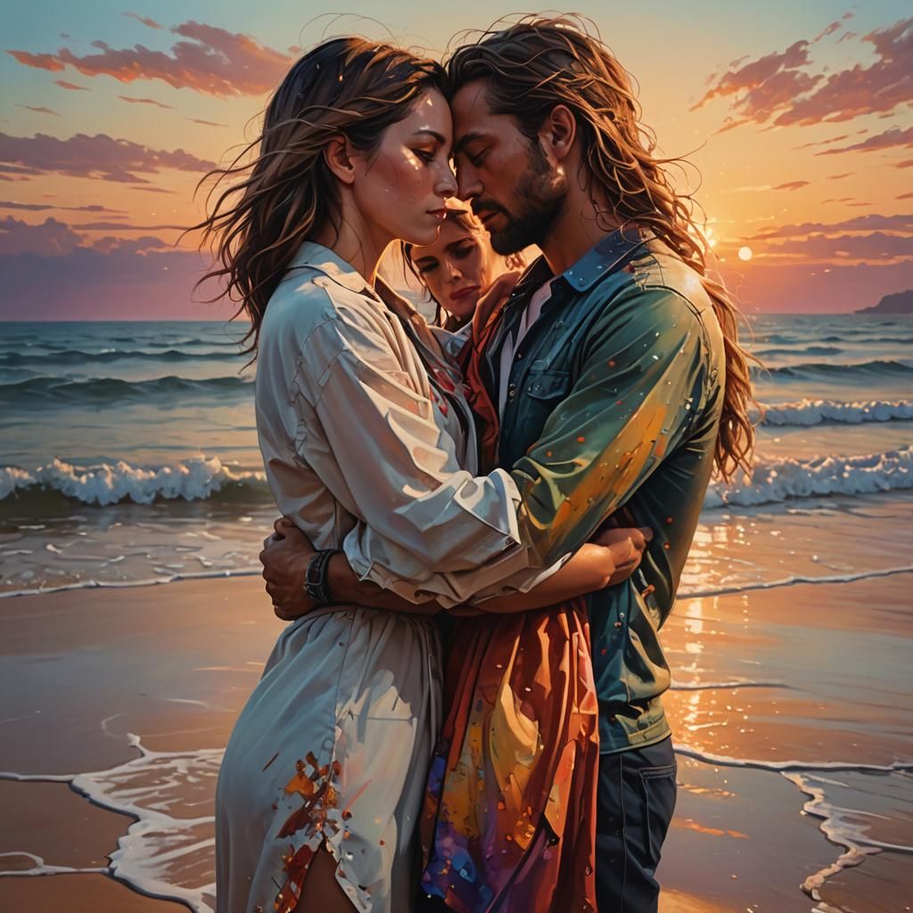 Romantic Sunset Embrace on the Beach: Hyperrealistic Art