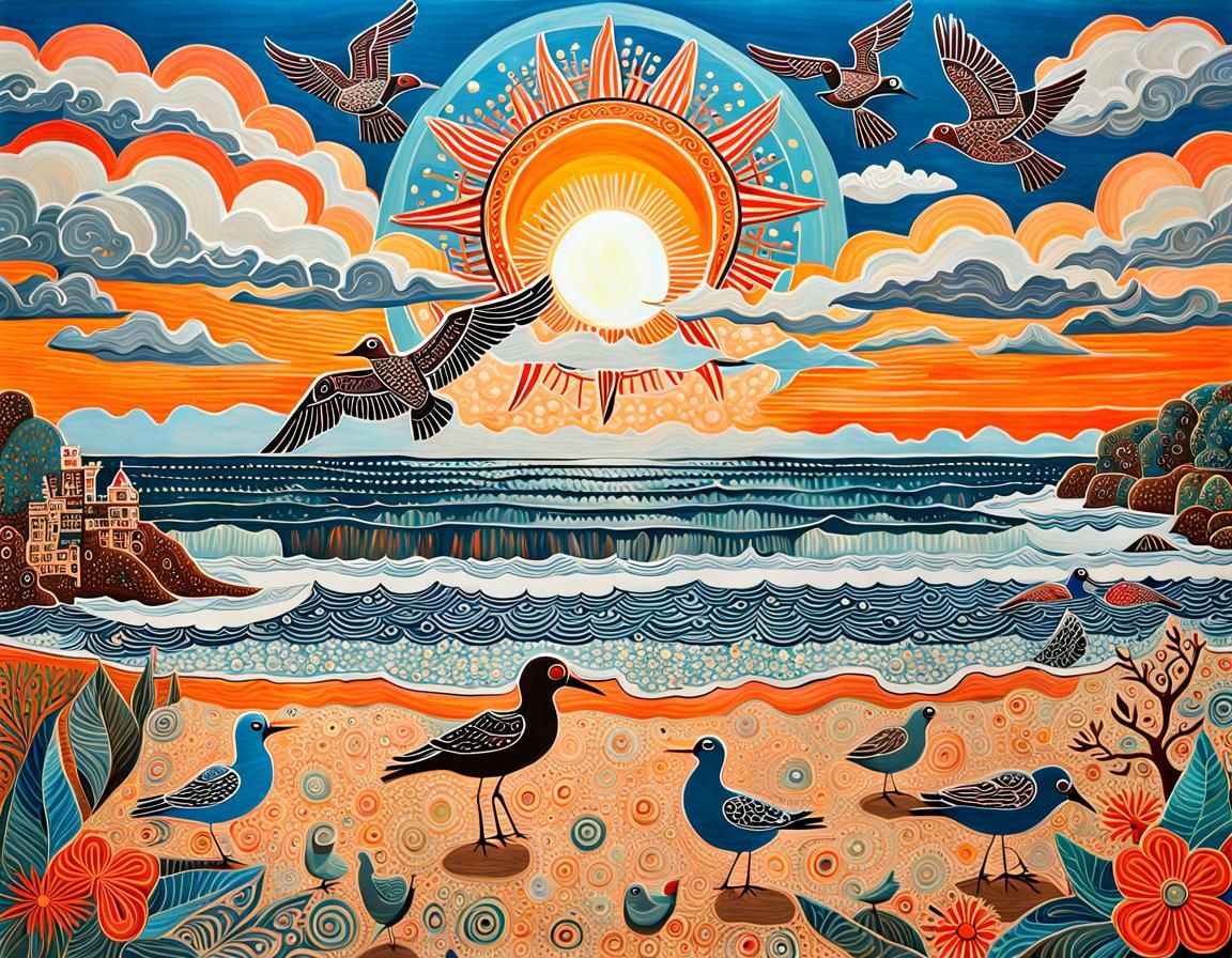 Whimsical Beach Scene in Naive Art Style
