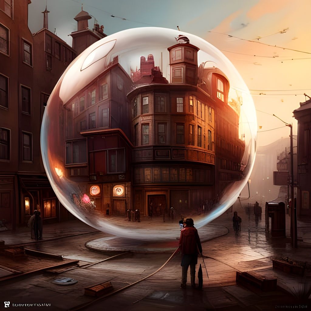 People Trapped in Bubble Above Steampunk City