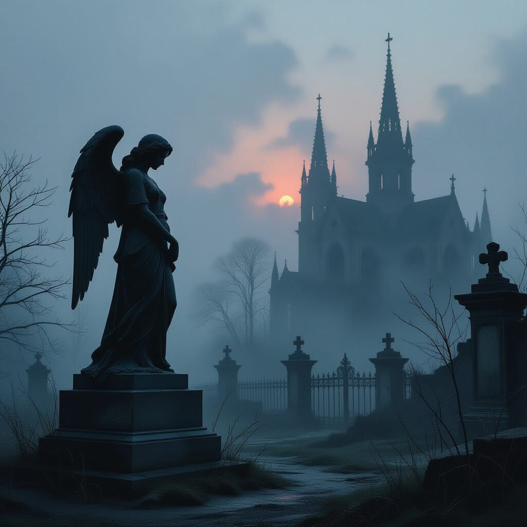 Weathered Angel Statue in Foggy Gothic Graveyard