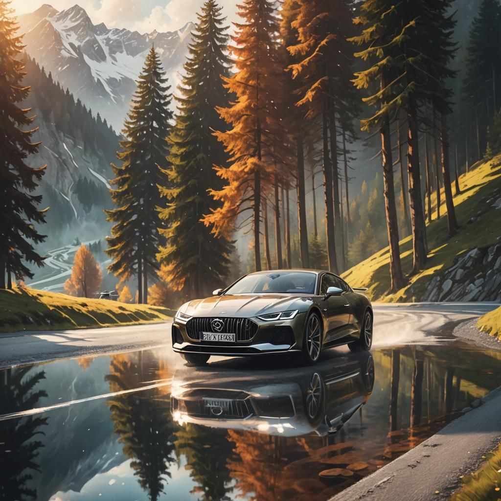 Luxury Car in Swiss Alps: Oil Painting Concept Art