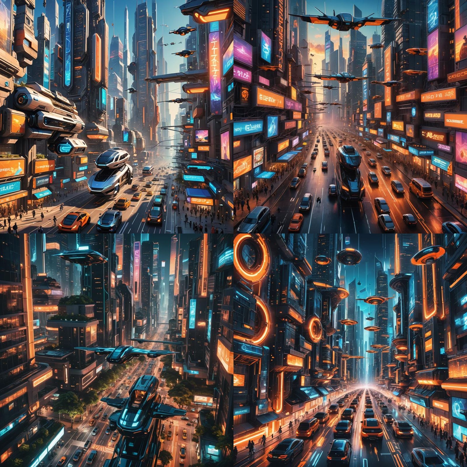 Futuristic Cityscape with Flying Cars and Portals