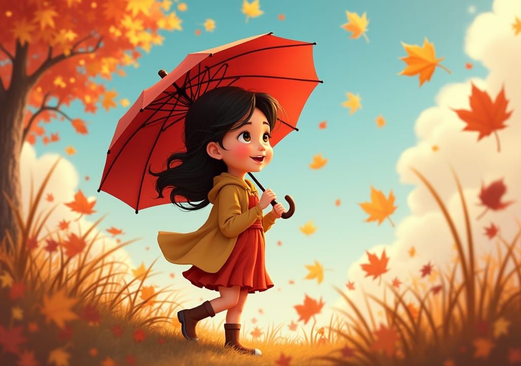 Girl with Umbrella in Autumn Wind, Disney Pixar Style