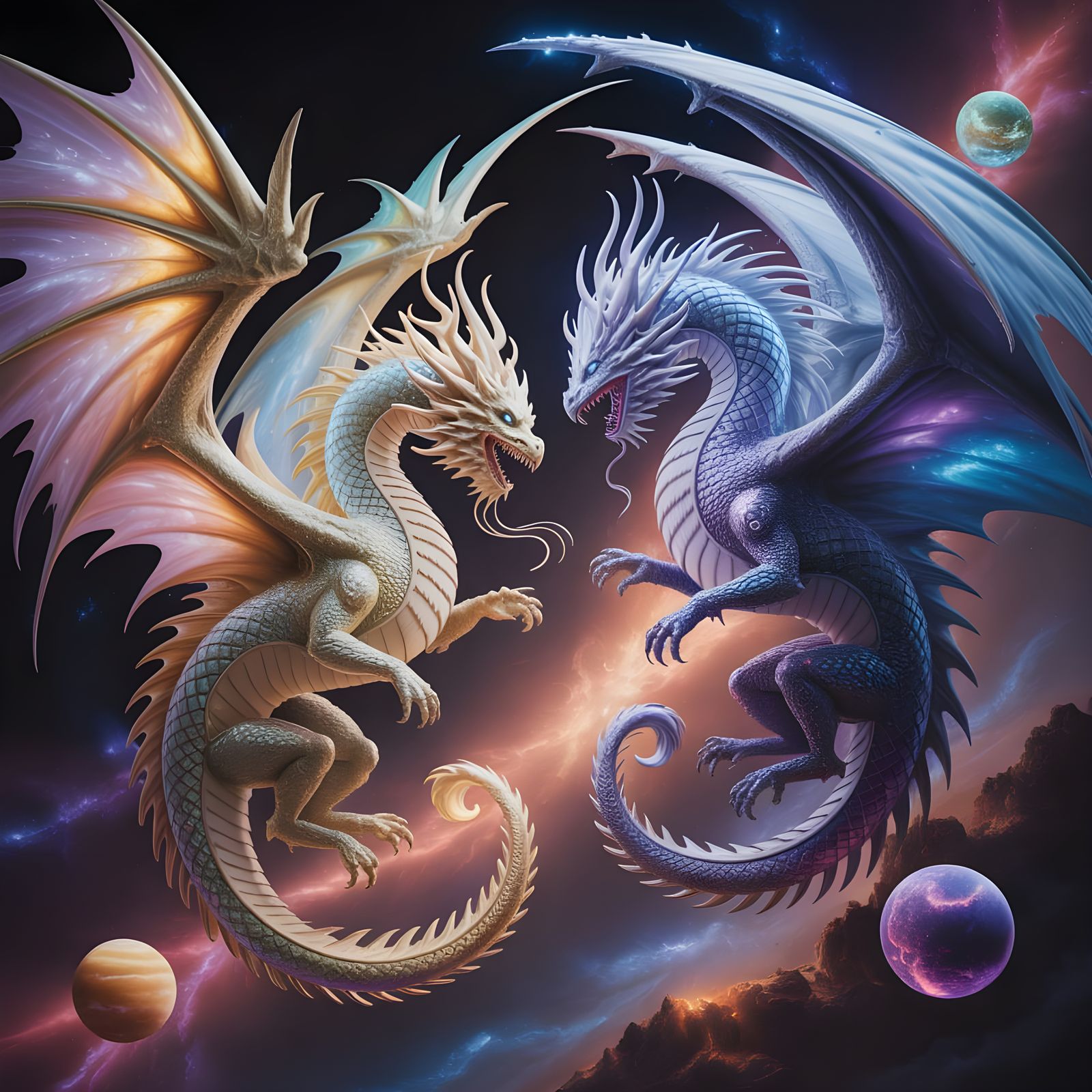 Celestial Dragons Battle in Cosmic Nebula, Fantasy Art