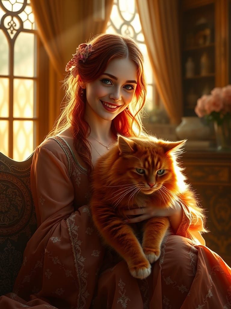 Red-Haired Woman with Cat in Art Nouveau Style