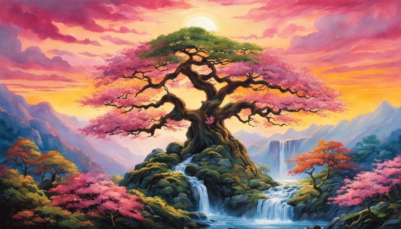 Whimsical Watercolor Sunset over Bonsai Valley