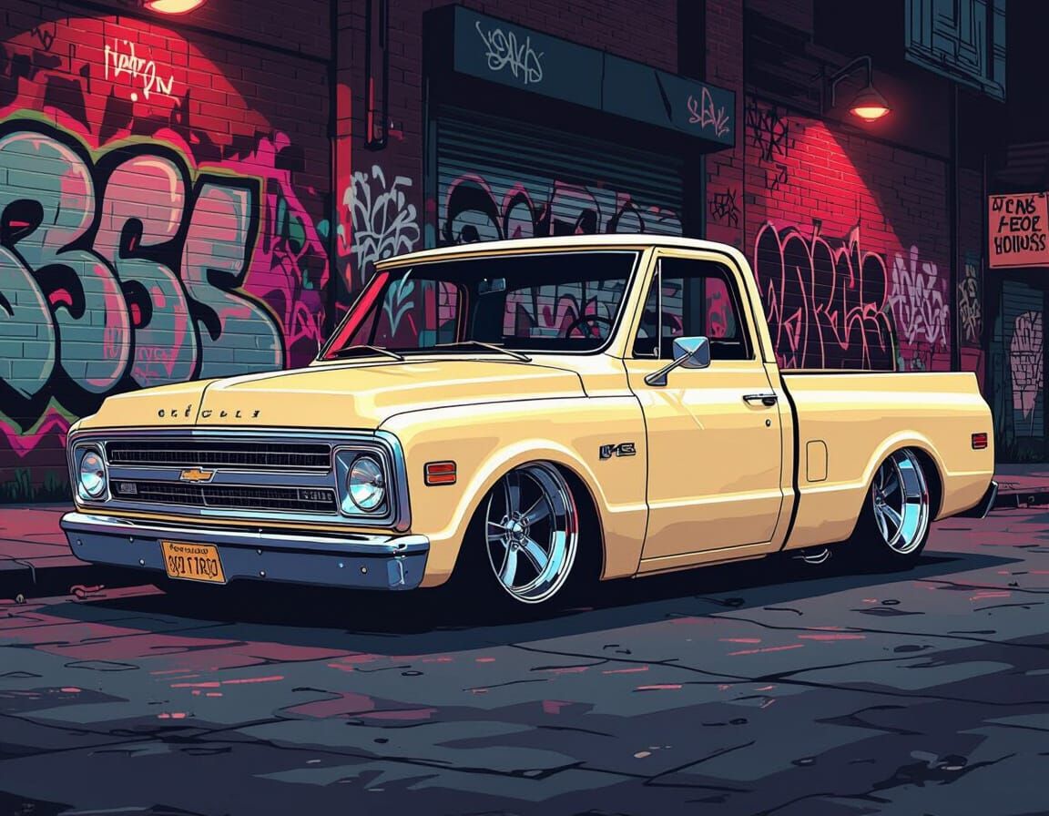 Cream C10 Truck Parked on Gritty Urban Street