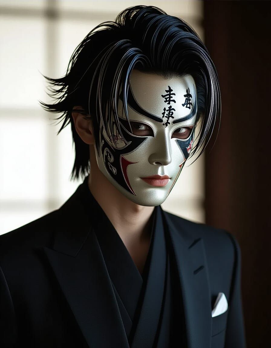 Hyperrealistic Man in Suit with Kabuki Mask