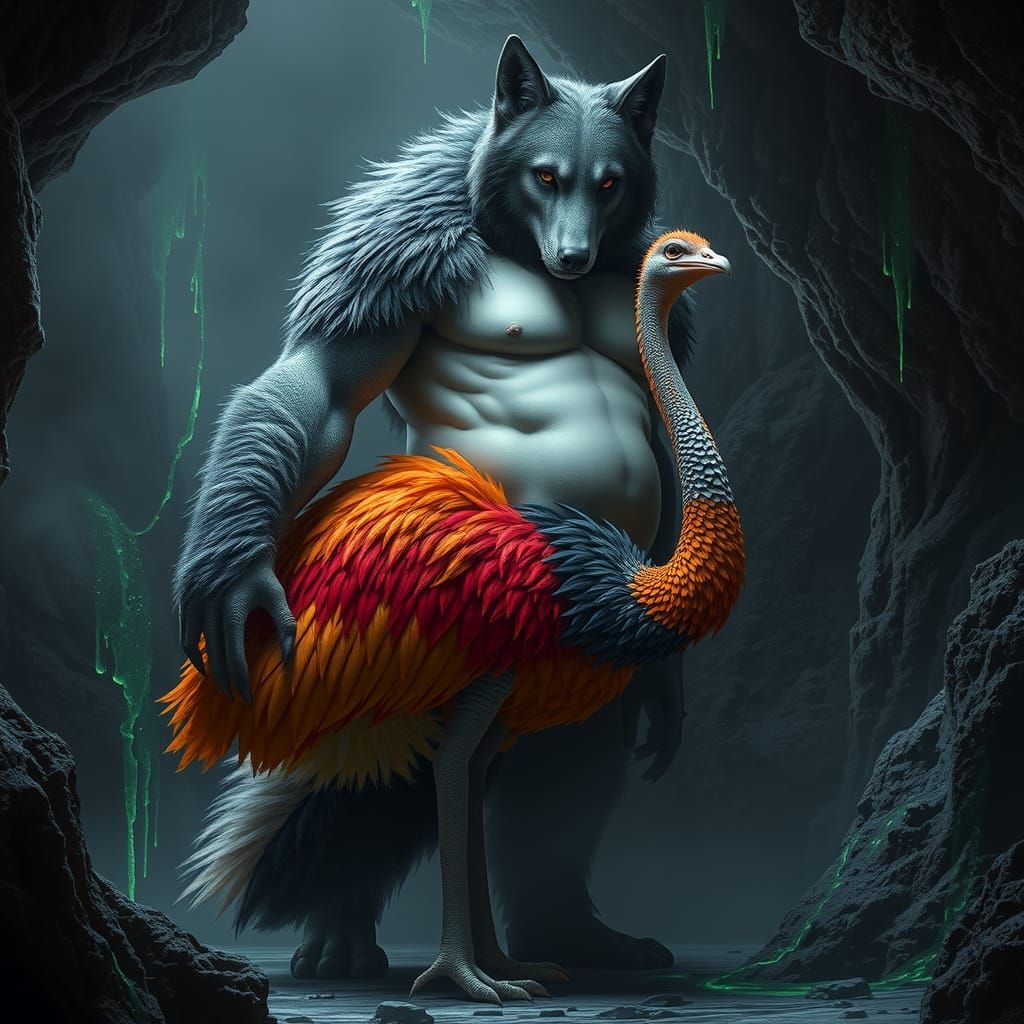 Wolf-Human-Ostrich Fusion Creature in Mystical Cave
