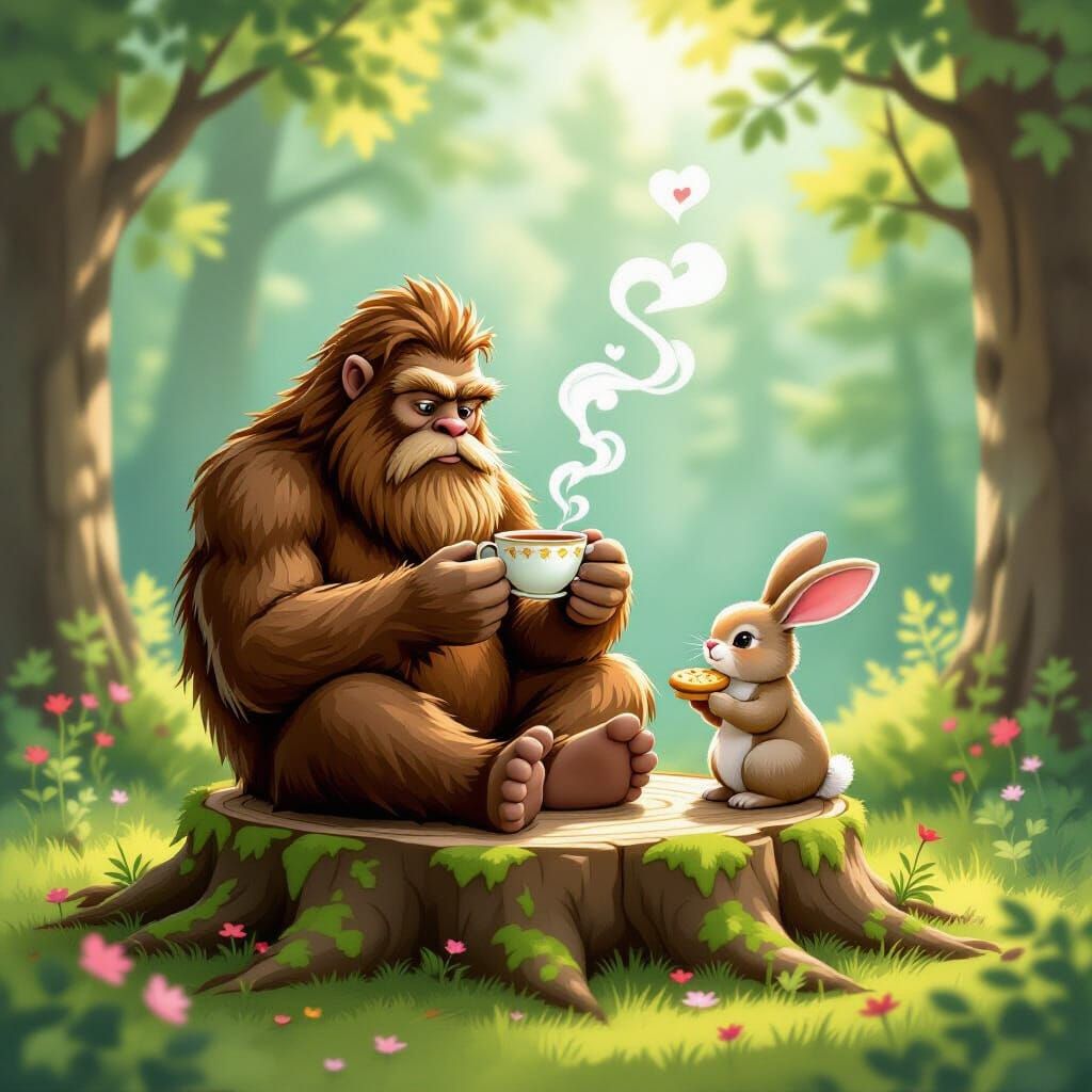 Bigfoot Enjoys Tea with Bunny in Enchanting Forest