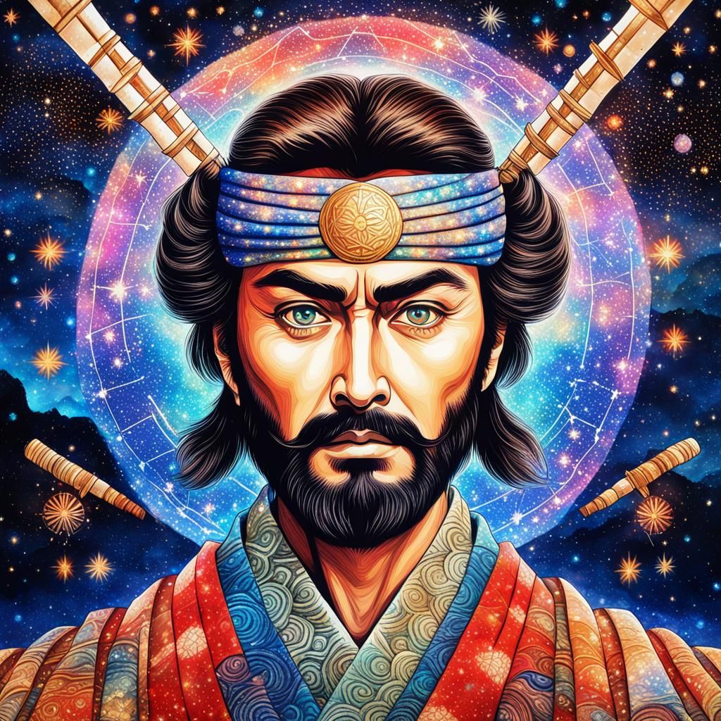 Samurai Warrior Under Starlit Sky: Astral Illustration