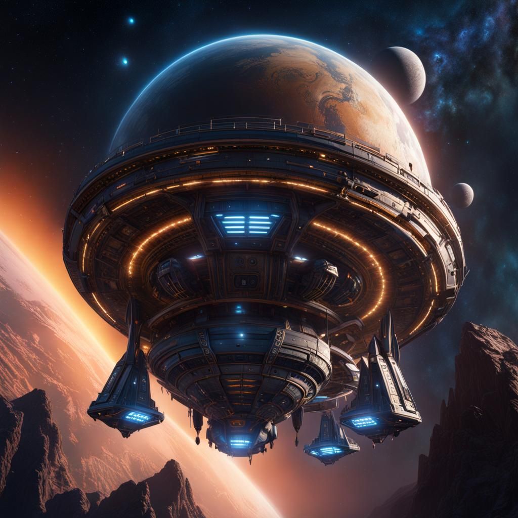 Fantastical Spaceship Among the Stars in Detailed Matte Pain...