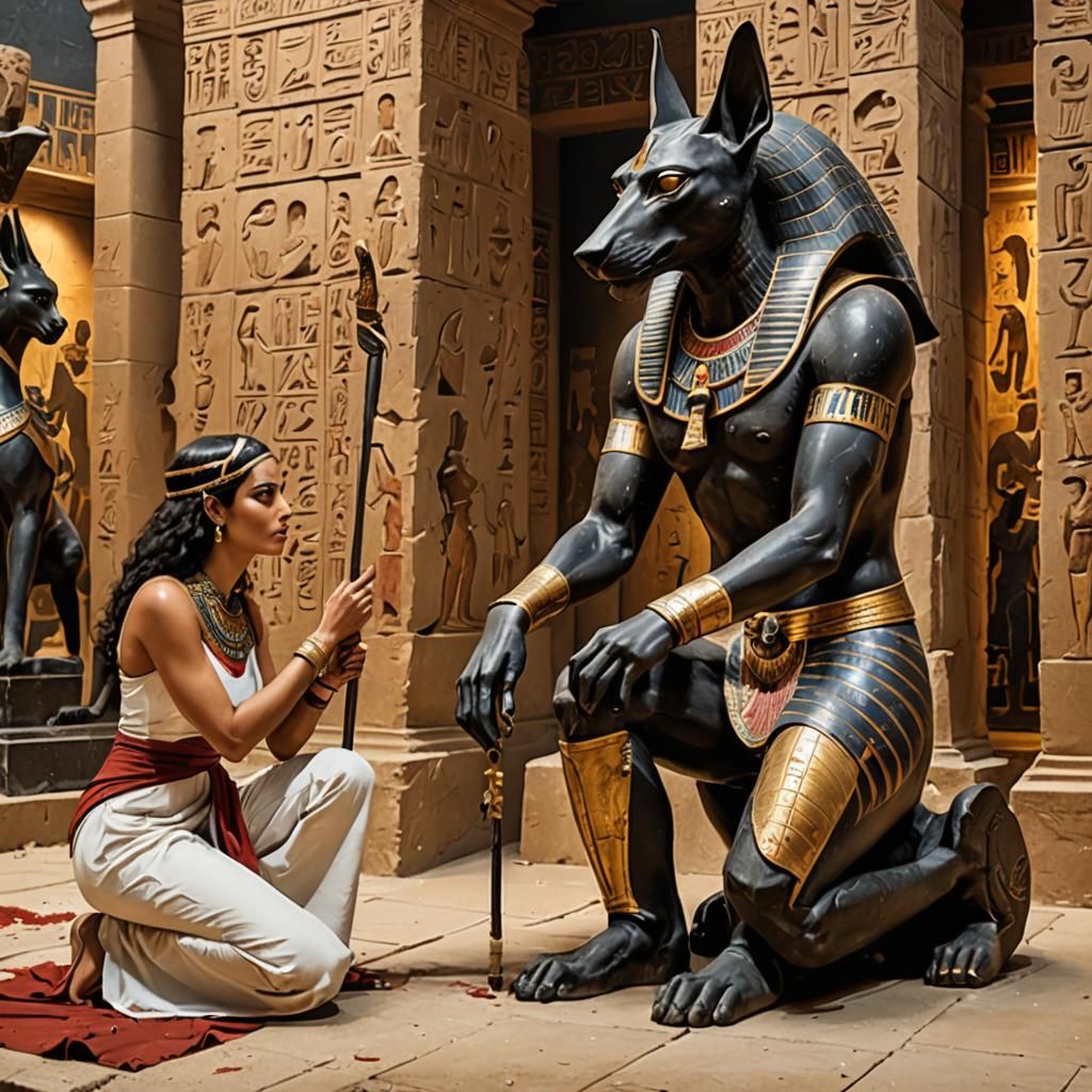 Egyptian Woman Kneeling Before Anubis Statue