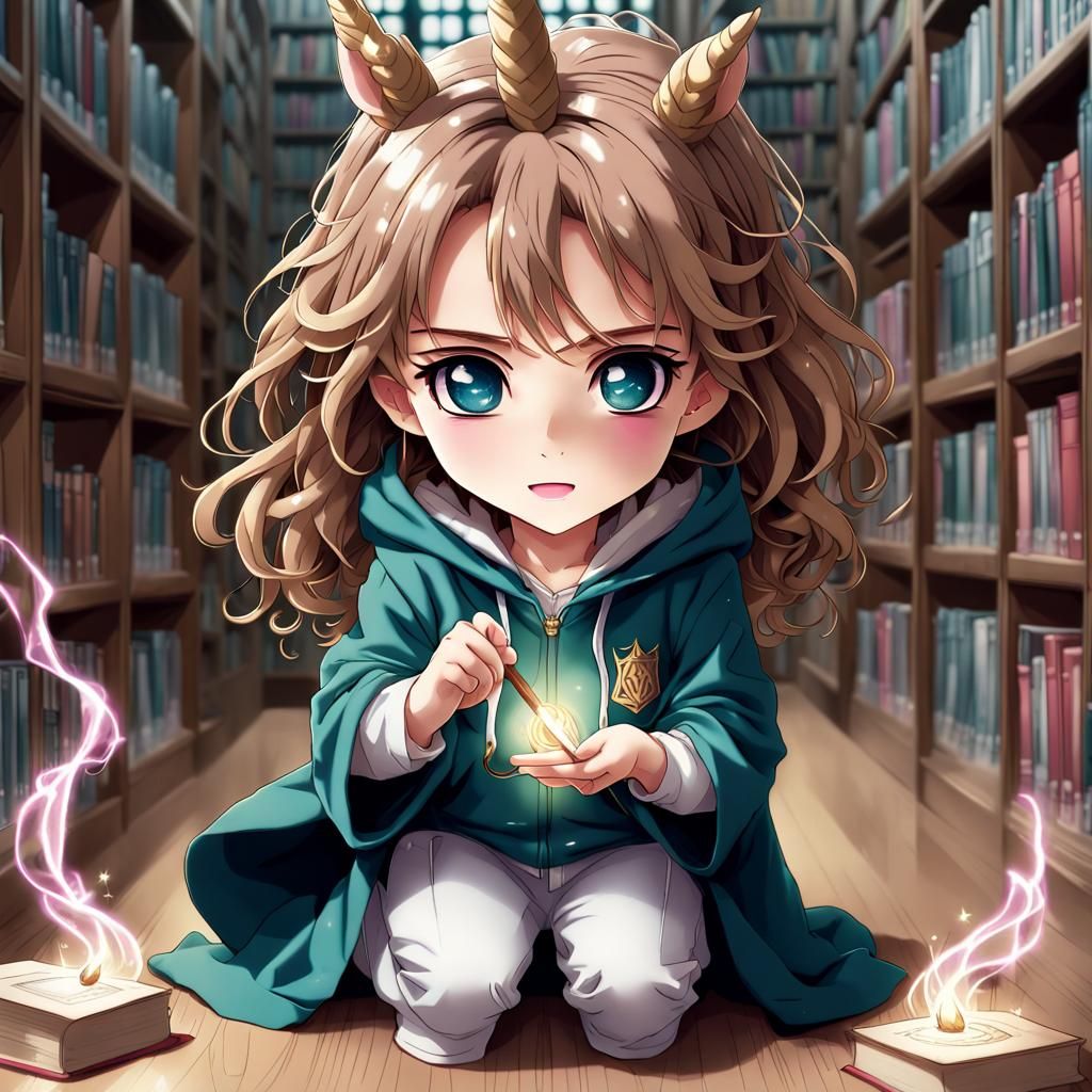 Chibi Hermione Granger Casting a Spell, Anime Style