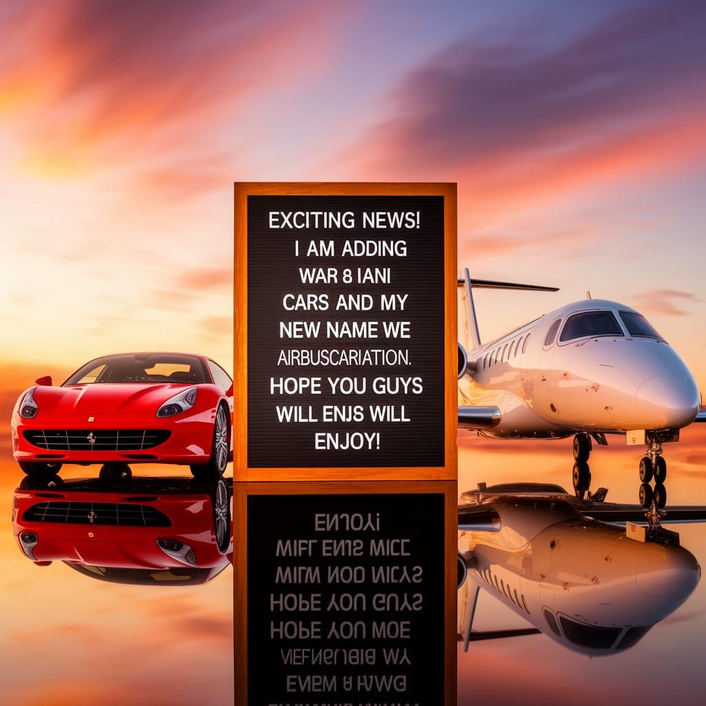 Vibrant News Announcement with Luxury Ferrari and Airbus Jet