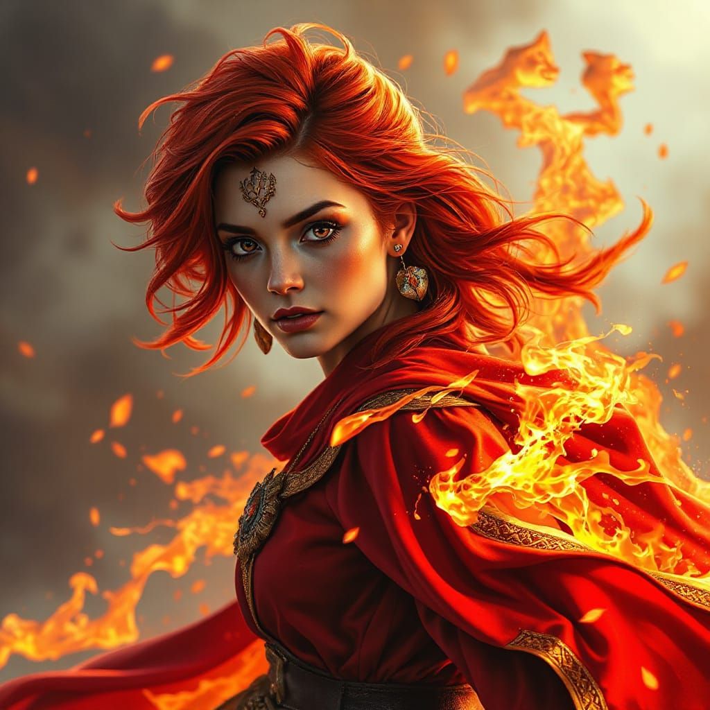 Fiery Redhead Warrior in Hyperrealistic Splash Art
