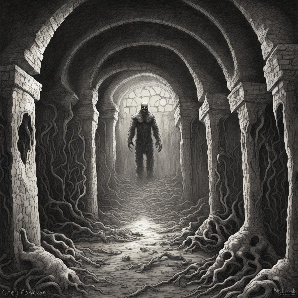 Sinister Abomination in Dark Catacombs: A Horror Scene