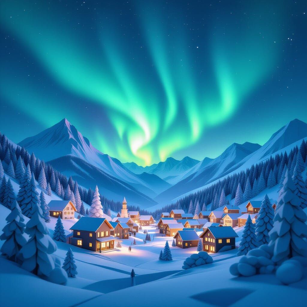 Origami Mountain Village Under Enchanting Aurora