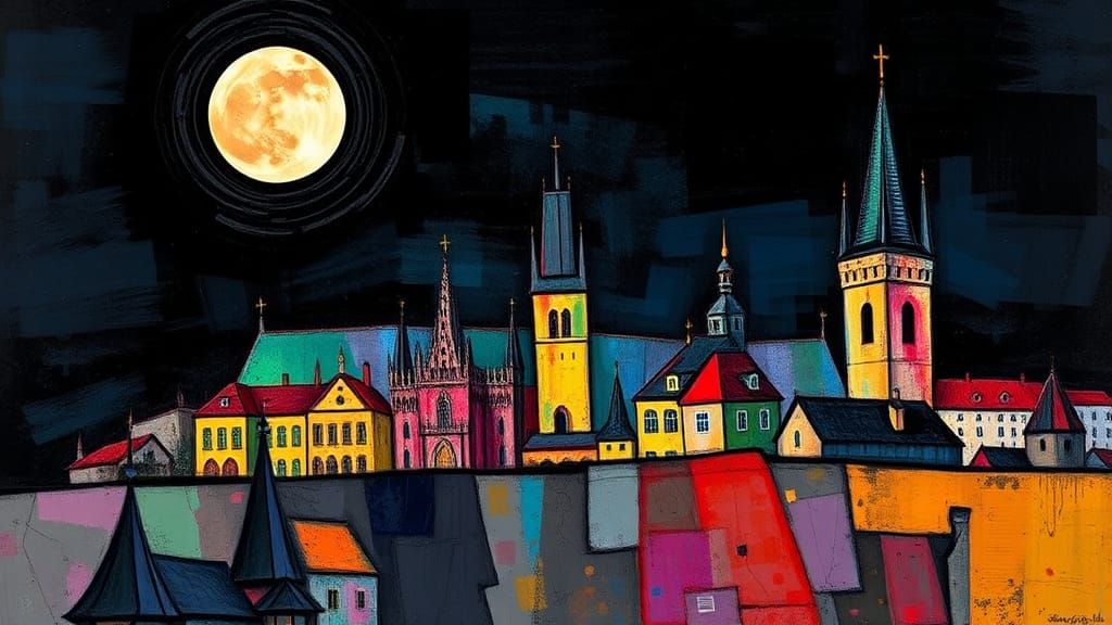 Abstract Prague Castle Under Moonlight, Pointillist Style