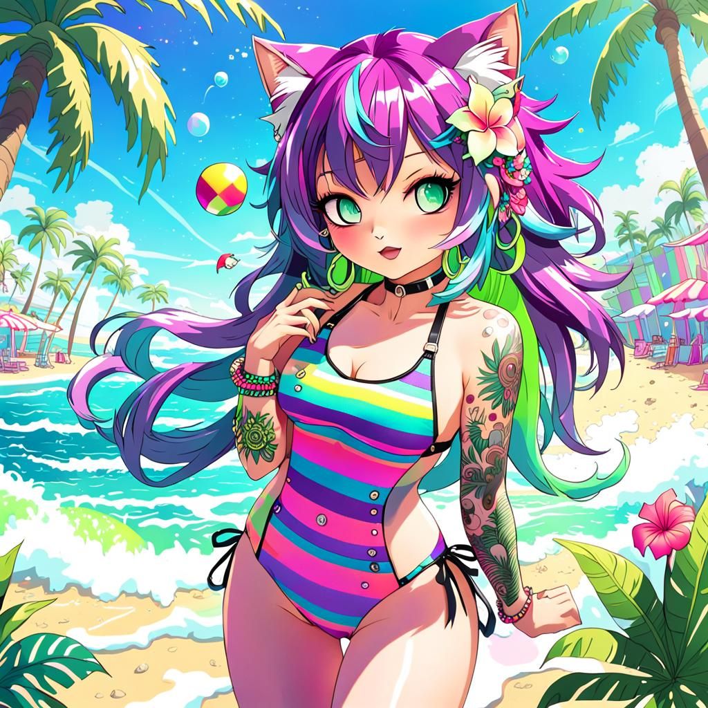 Kawaii Punk Neko Girl on Tropical Beach in Anime Style