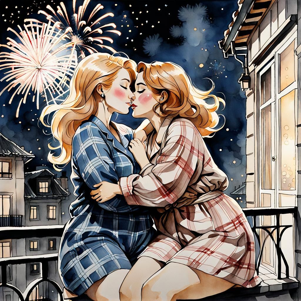 Cozy Couple Celebrates with Fireworks, Ink Illustration