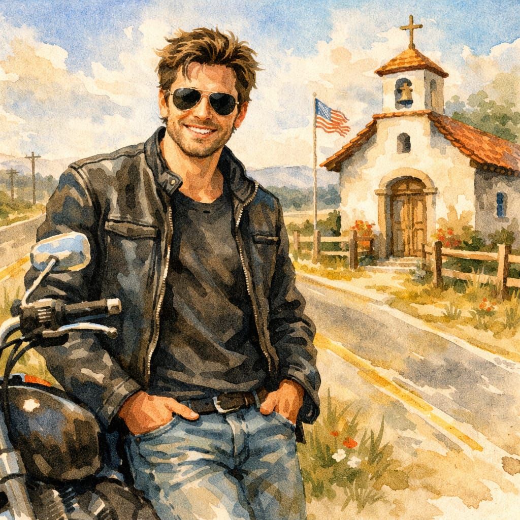 Man by Motorcycle at Roadside Chapel, Watercolor Style
