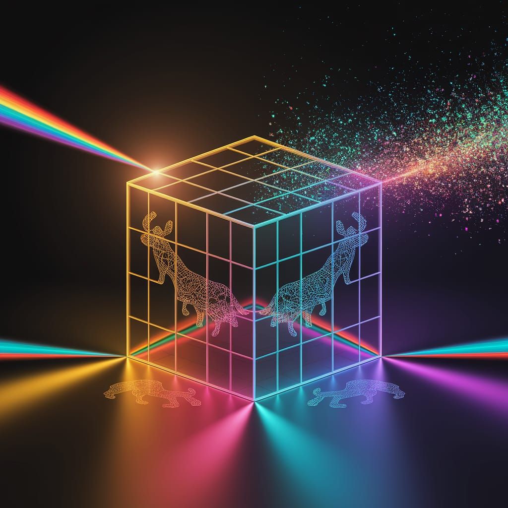 Vibrant RGB Beam Splits Through 4D Cube Prism