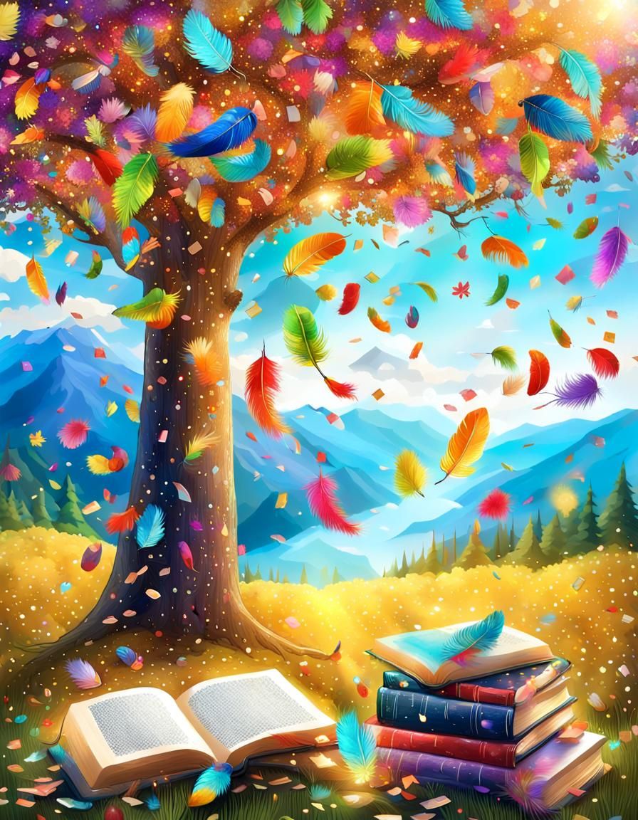 Cute Multicolored Books Fall from a Tree in a Whimsical, Tif...