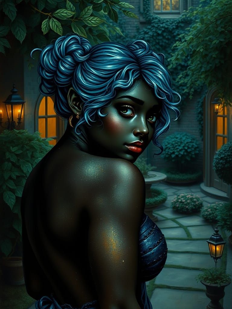 Black Fairy in Vampire Garden: Pre-Raphaelite Style