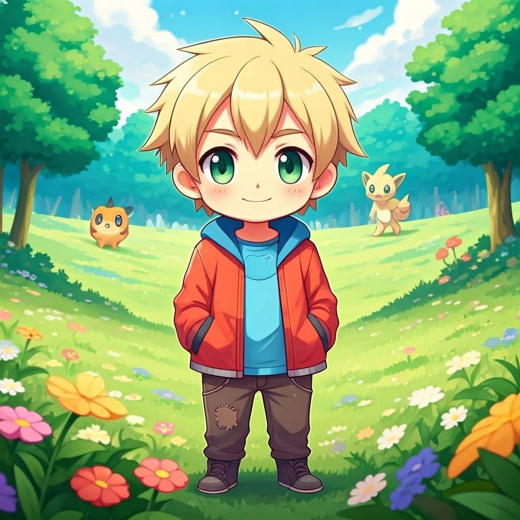 Chibi Pokémon Trainer in Whimsical Meadown