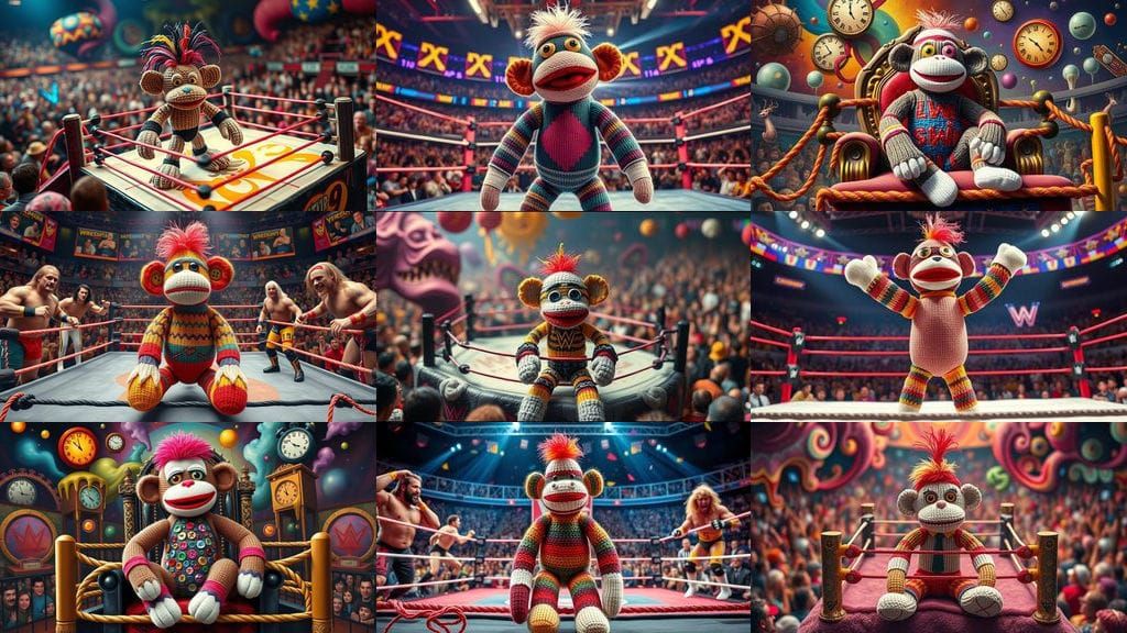 Surreal Yarn Art Sock Monkey Wrestling at WrestleMania