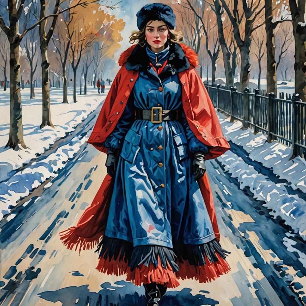 Woman in Winter Outfit, Gouache and Watercolor Style