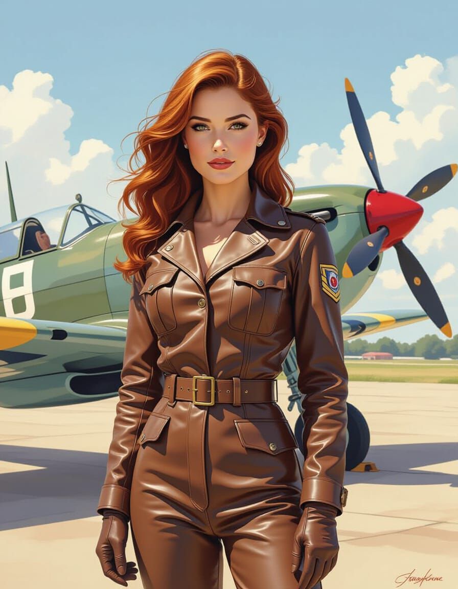 British RAF Aviatrix Beside Supermarine Spitfire, in Waterco...