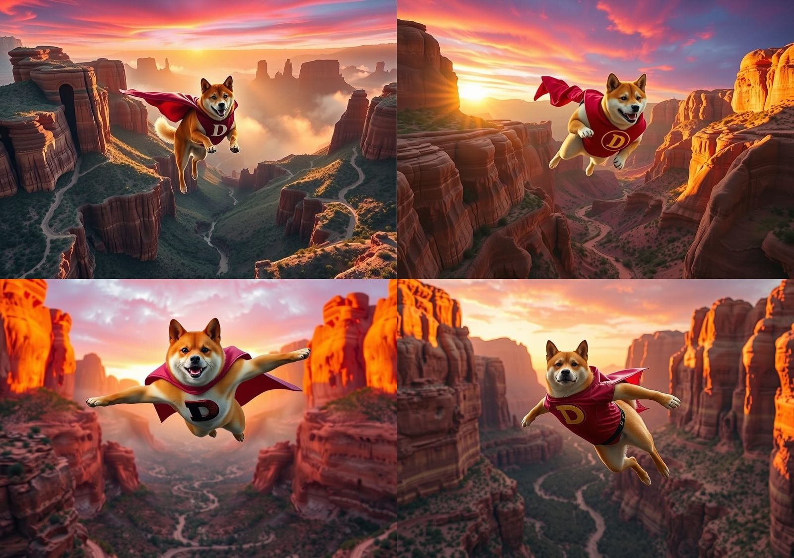 Action photography of full-body Shiba Inu Doge Meme Super Hero (Super DOGE) flying heroically through a vibrant canyon l...